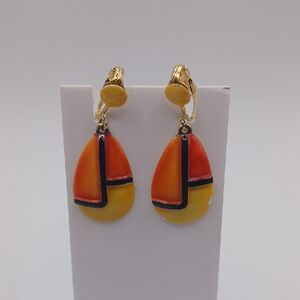 HAR Orange and Yellow Enamel Teardrop Clip Earrings